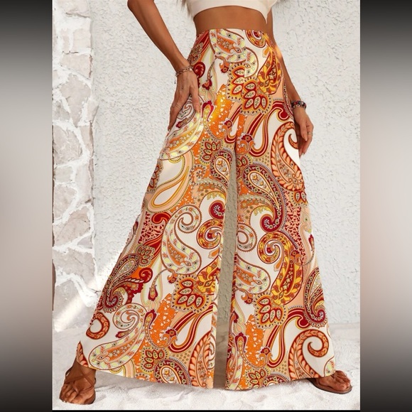 Boho paisley print wide leg pants